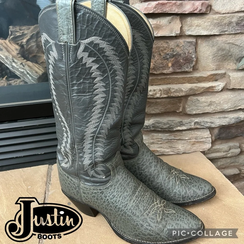 Justin Menās Western Cowboy Boots {Grey Bullhide} 9.5D - Picture 1 of 12